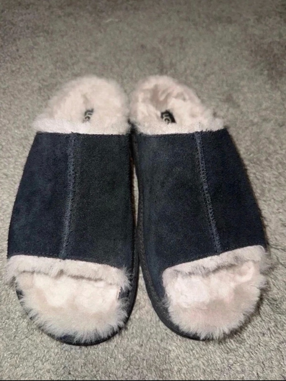 UGG Navy Suede Plush Slide Slippers with Cream Lining